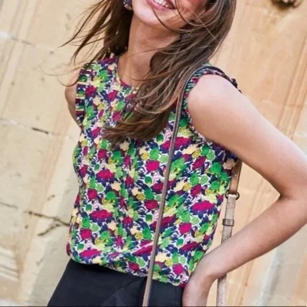 BODEN Clara Keyhole Floral Tank Top Ruffle Sleeveless Pintuck Pleat